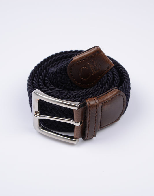 Men's Woven Stretch Belt in Plain Navy with Brown Tab