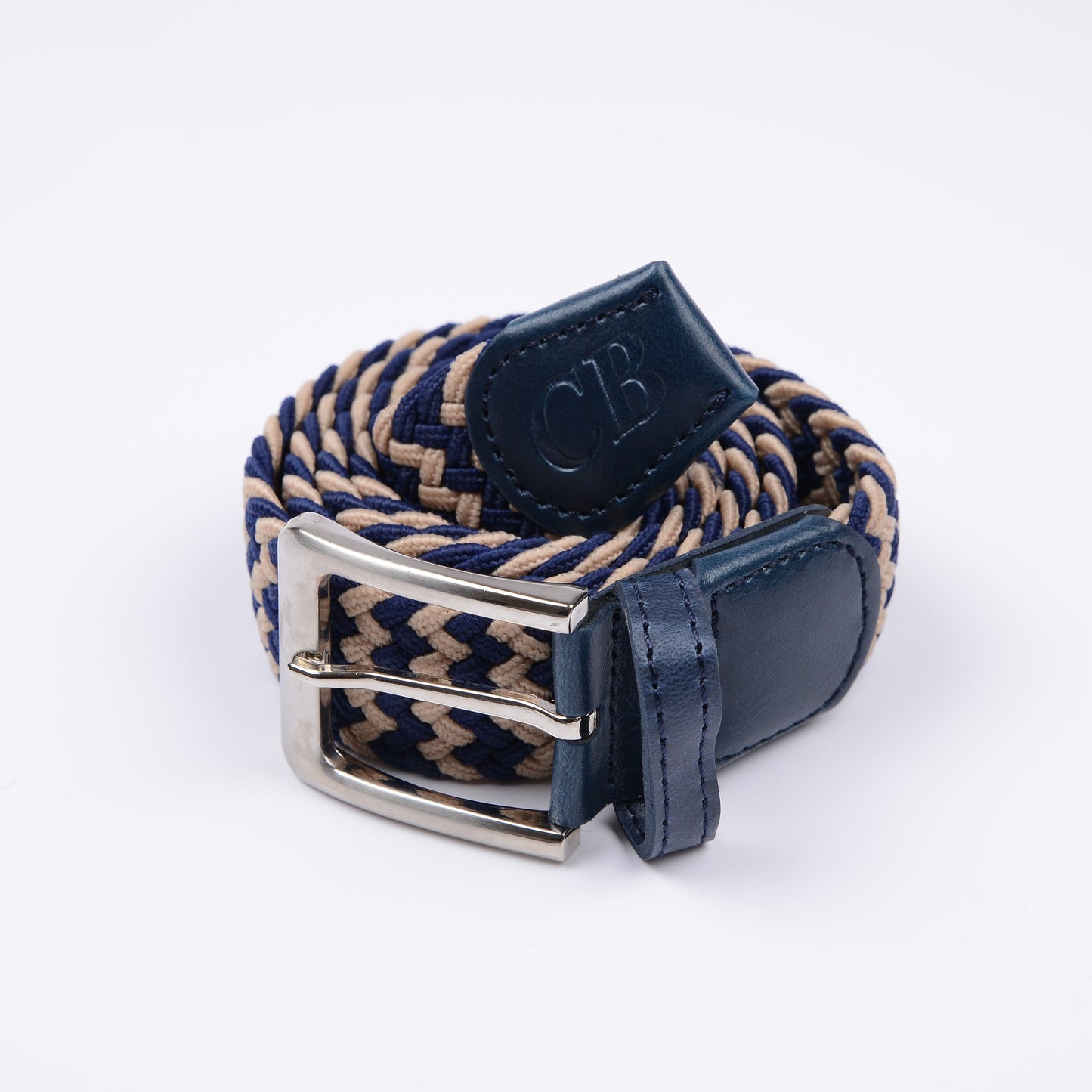 Men's Stretch Woven Belt in Navy and Beige Zigzag