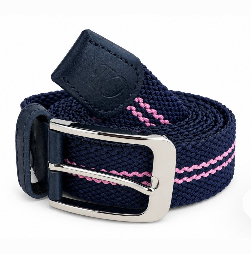Men's Woven Stretch Belt in Navy and Pink Stripes
