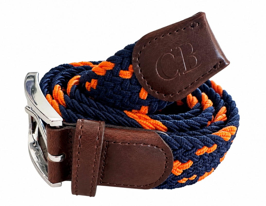 Men's Stretch Woven Belt in Navy and Orange Wide Zigzag