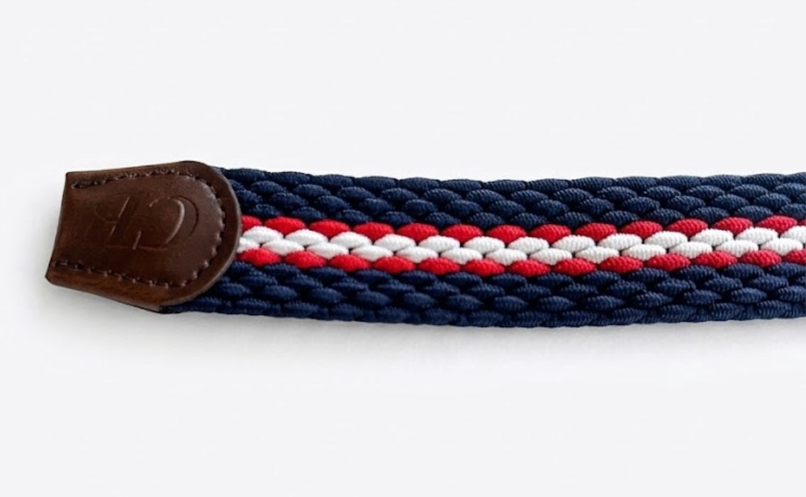 Men's Stretch, Woven Striped Belt in Navy, Red and White Stripe