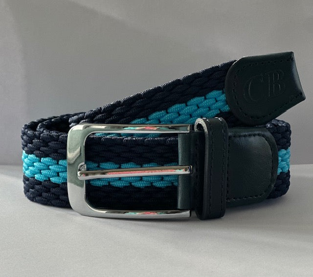 Men's Woven Stretch Belt in Navy and Turquoise Stripe