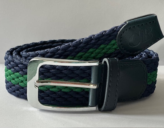 Men's Woven Stretch Belt in Navy and Green Stripe