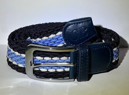 Men's Woven Stretch Belt in Navy, Light Blue and White Stripe