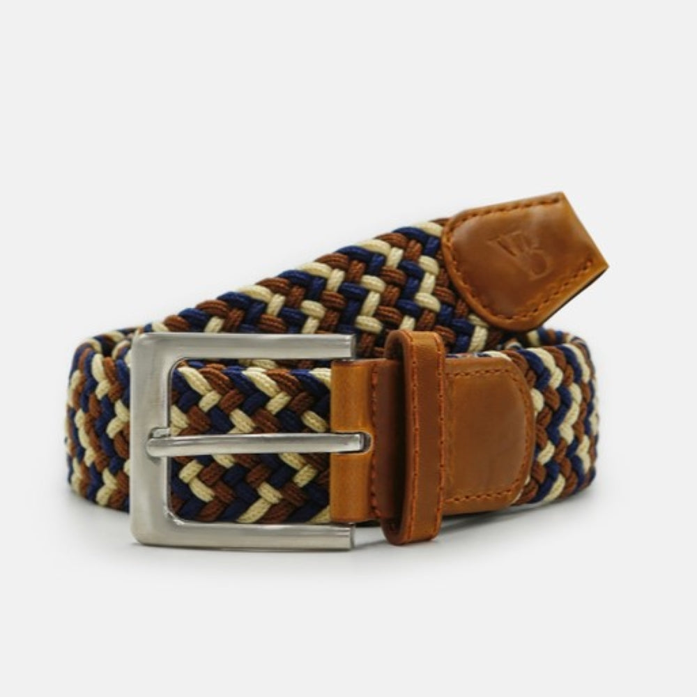 Men's Woven Stretch Belt in Navy Brown and Cream Zigzag