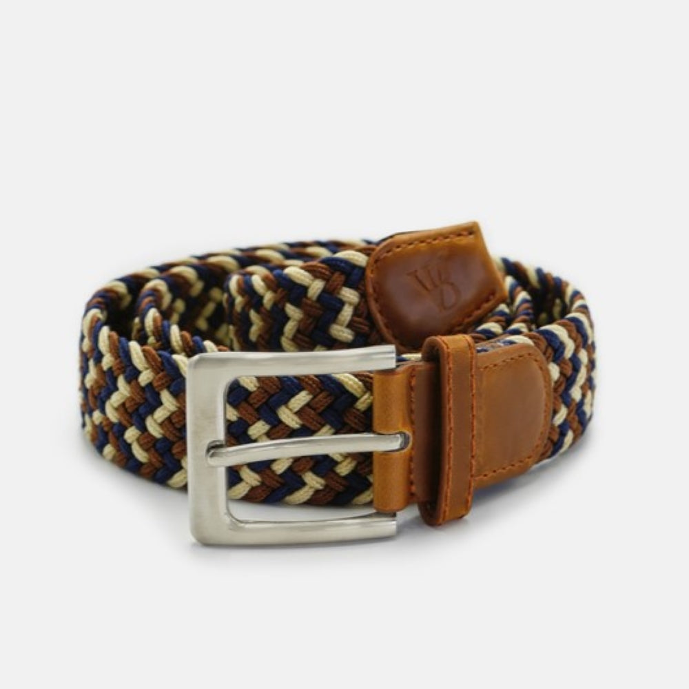 Men's Woven Stretch Belt in Navy Brown and Cream Zigzag