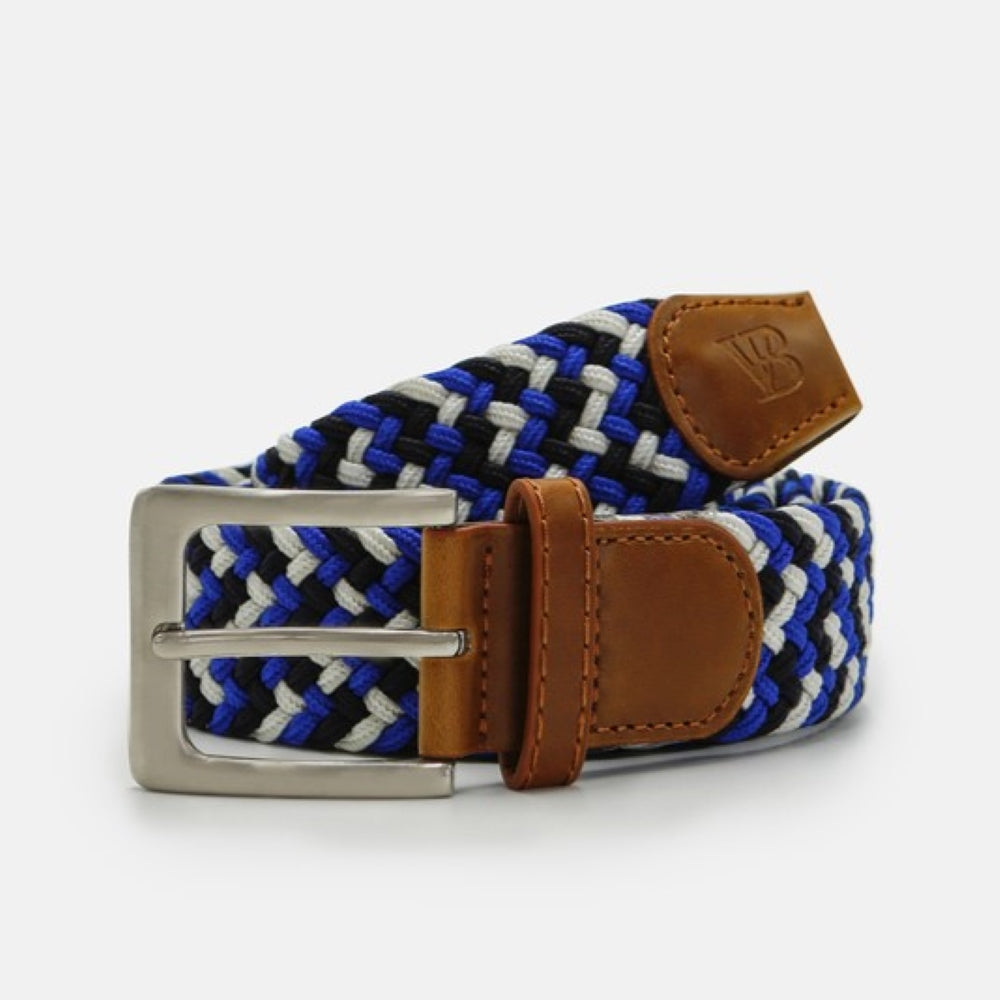 Men's Woven Stretch Belt in Light Blue, Navy and Cream Zigzag