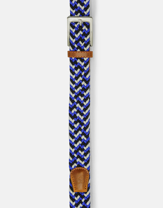 Men's Woven Stretch Belt in Light Blue, Navy and Cream Zigzag