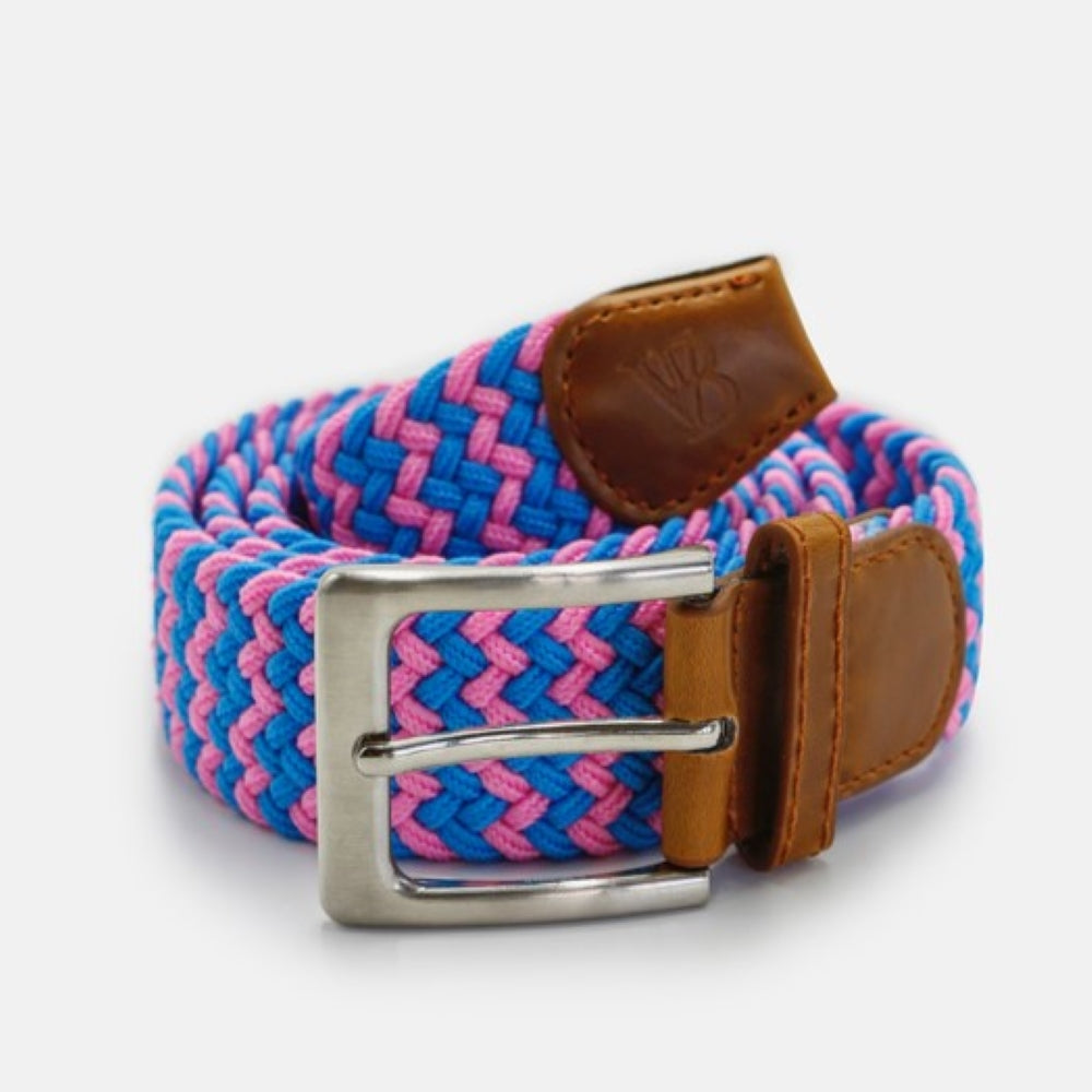 Men's Woven Stretch Belt in Blue and Pink Zigzag