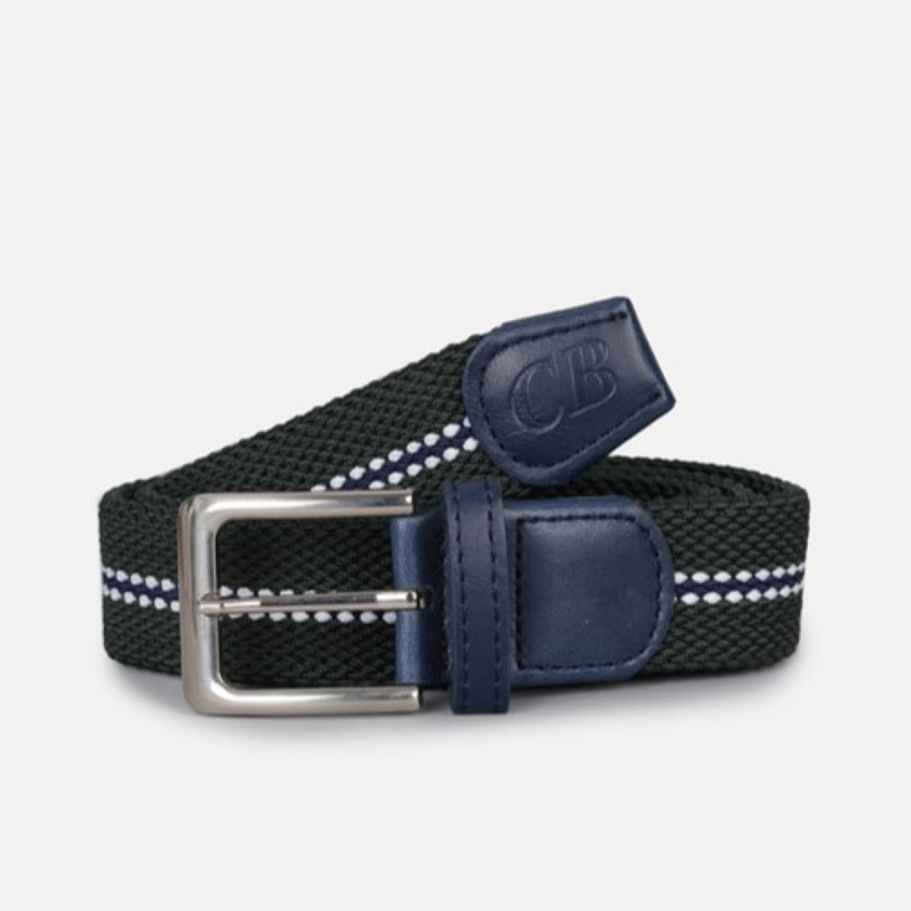 Men's Woven Stretch Belt in Dark Green, Navy, and White Stripe