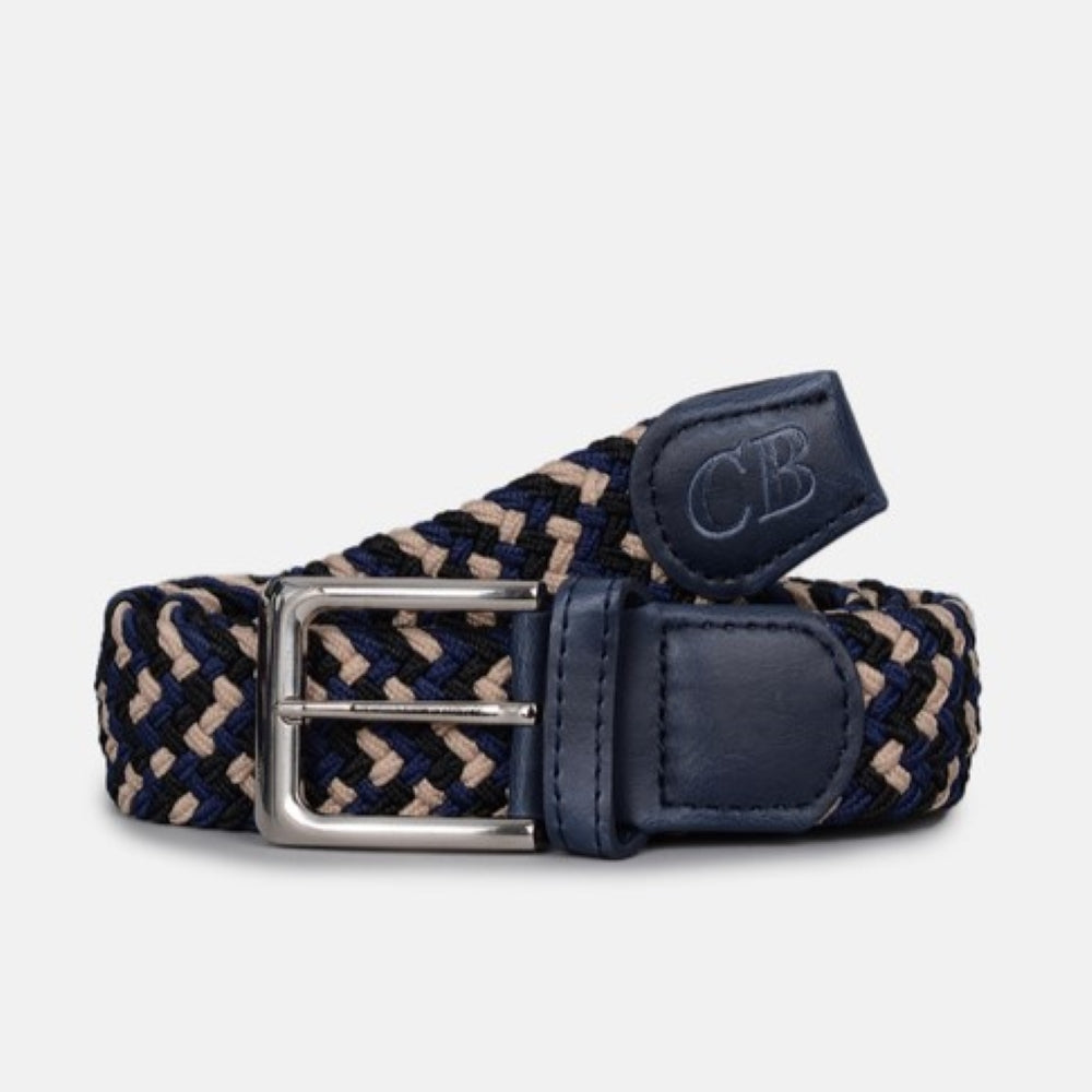 Men's Woven Stretch Belt in Navy, Black, and Beige Zigzag