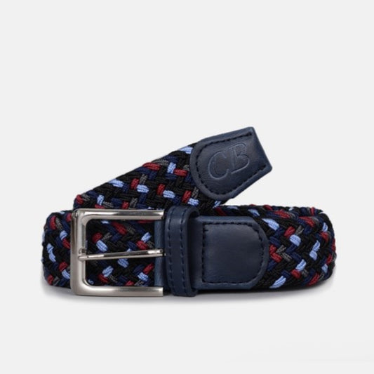 Men's Woven Stretch Belt in Navy, Pale Blue, and Mulberry Zigzag