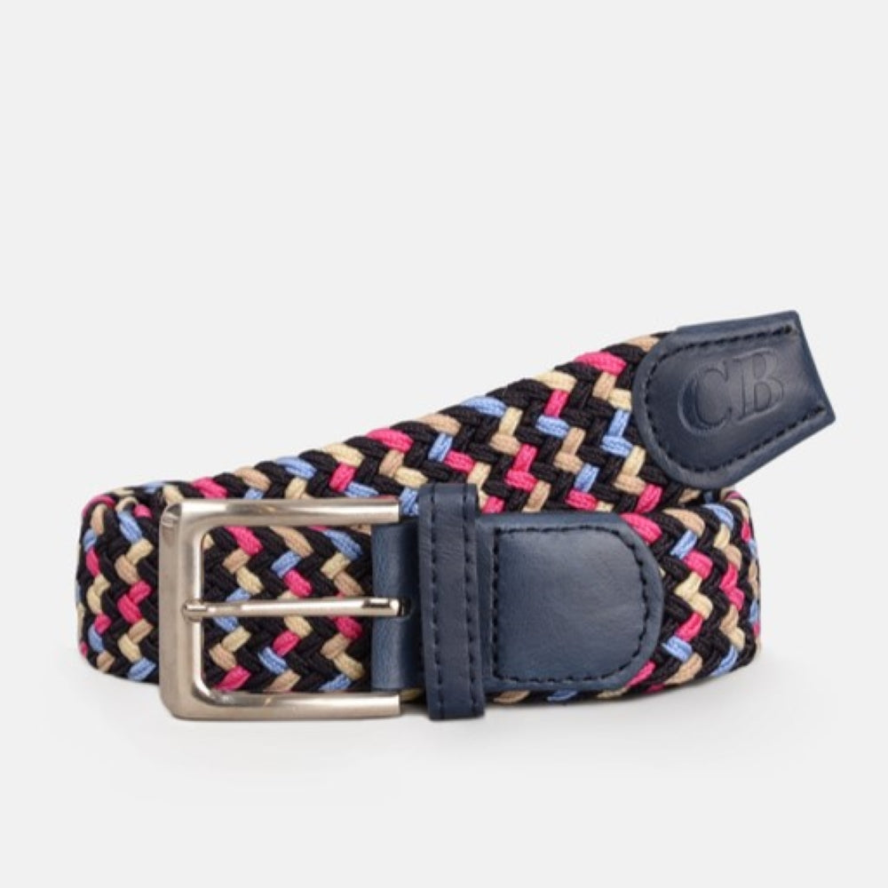 Men's Woven Stretch Belt in Navy, Pink, Blue, and Beige Zigzag