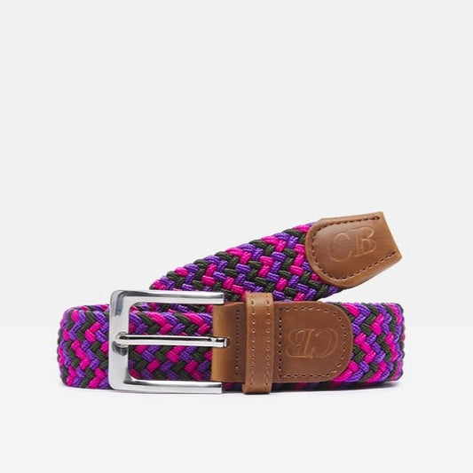 Men's Woven Stretch Belt in Cerise, Olive, and Purple Zigzag