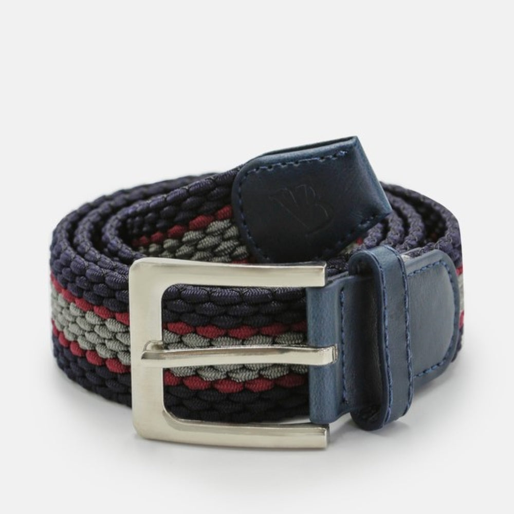 Men's Woven Stretch Belt in Navy, Grey, and Mulberry and Stripe