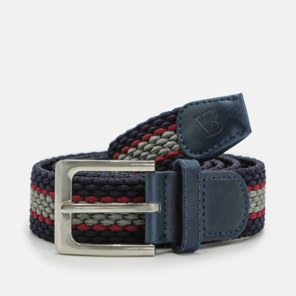 Men's Woven Stretch Belt in Navy, Grey, and Mulberry and Stripe