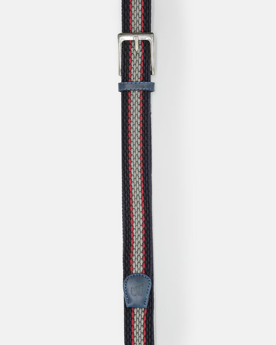 Men's Woven Stretch Belt in Navy, Grey, and Mulberry and Stripe