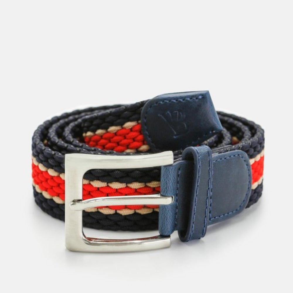 Men's Woven Stretch Belt in Navy, White, and Red Stripe
