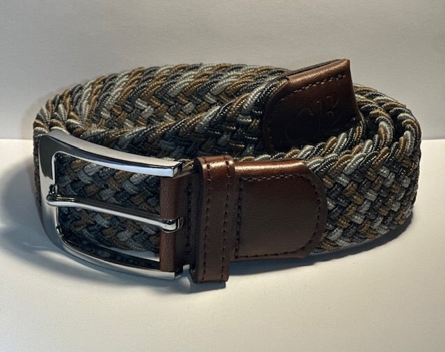 Woven belt with brown leather buckle on a light gray background