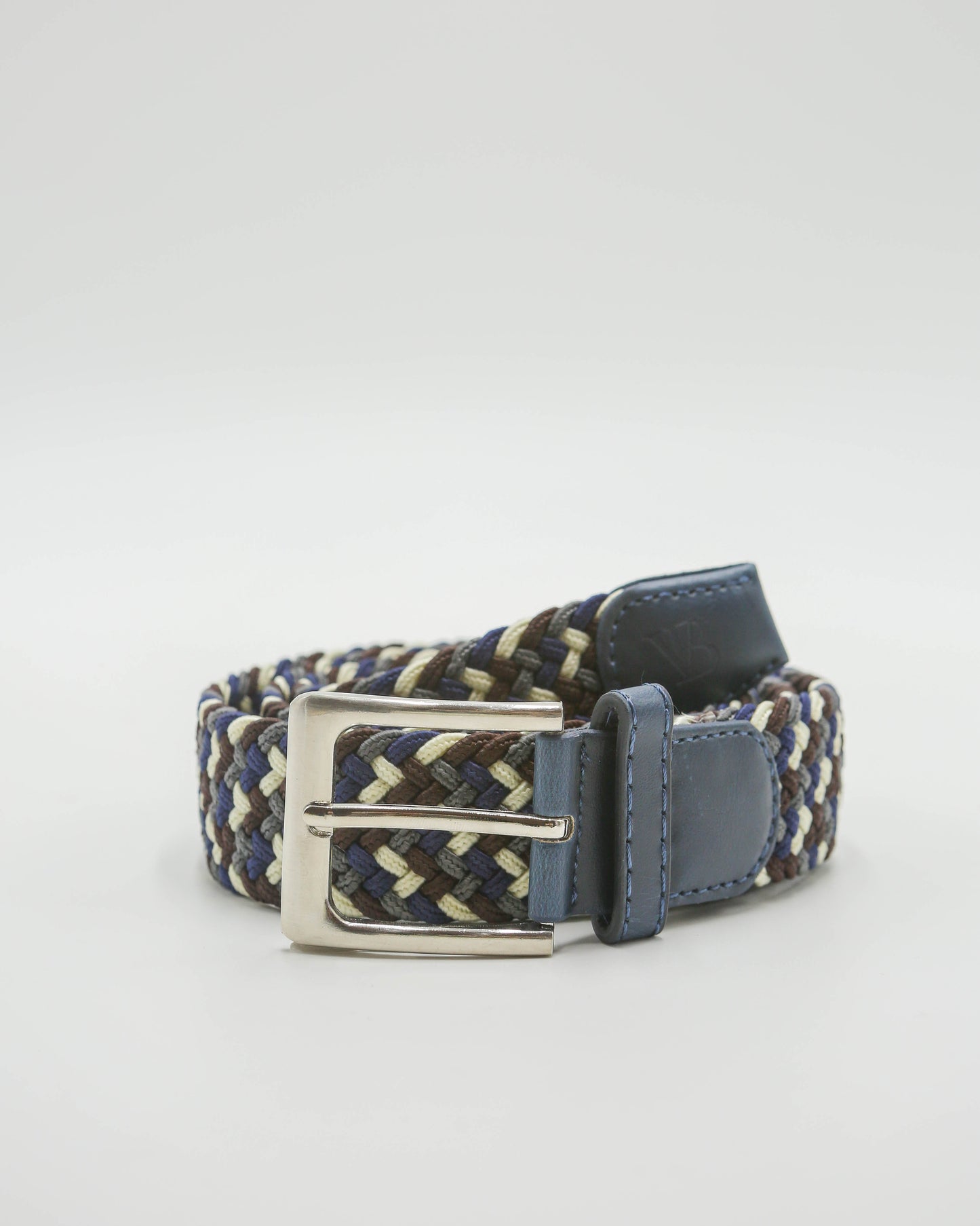 Woven Stretch Belt in Navy, Grey, Brown and Cream Zigzag