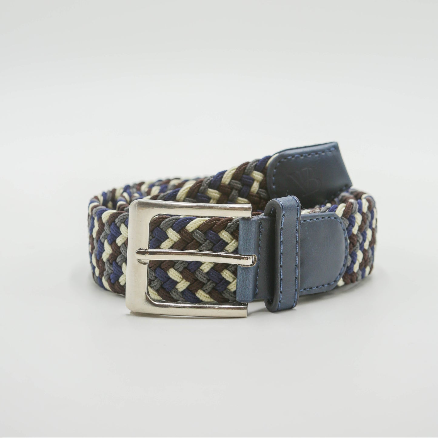 Woven Stretch Belt in Navy, Grey, Brown and Cream Zigzag