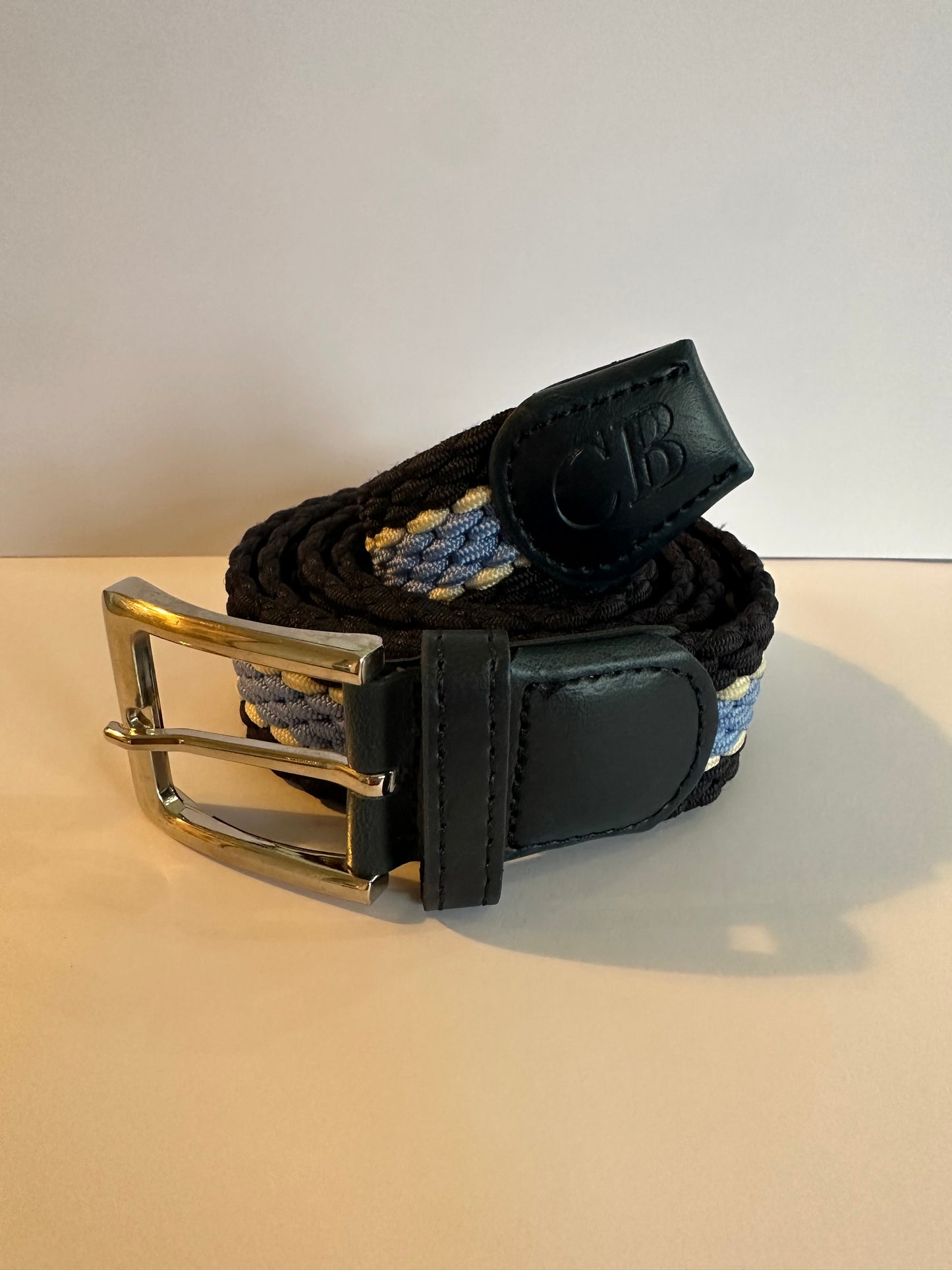 Men's Woven Stretch Belt in Navy, Light Blue and White Stripe