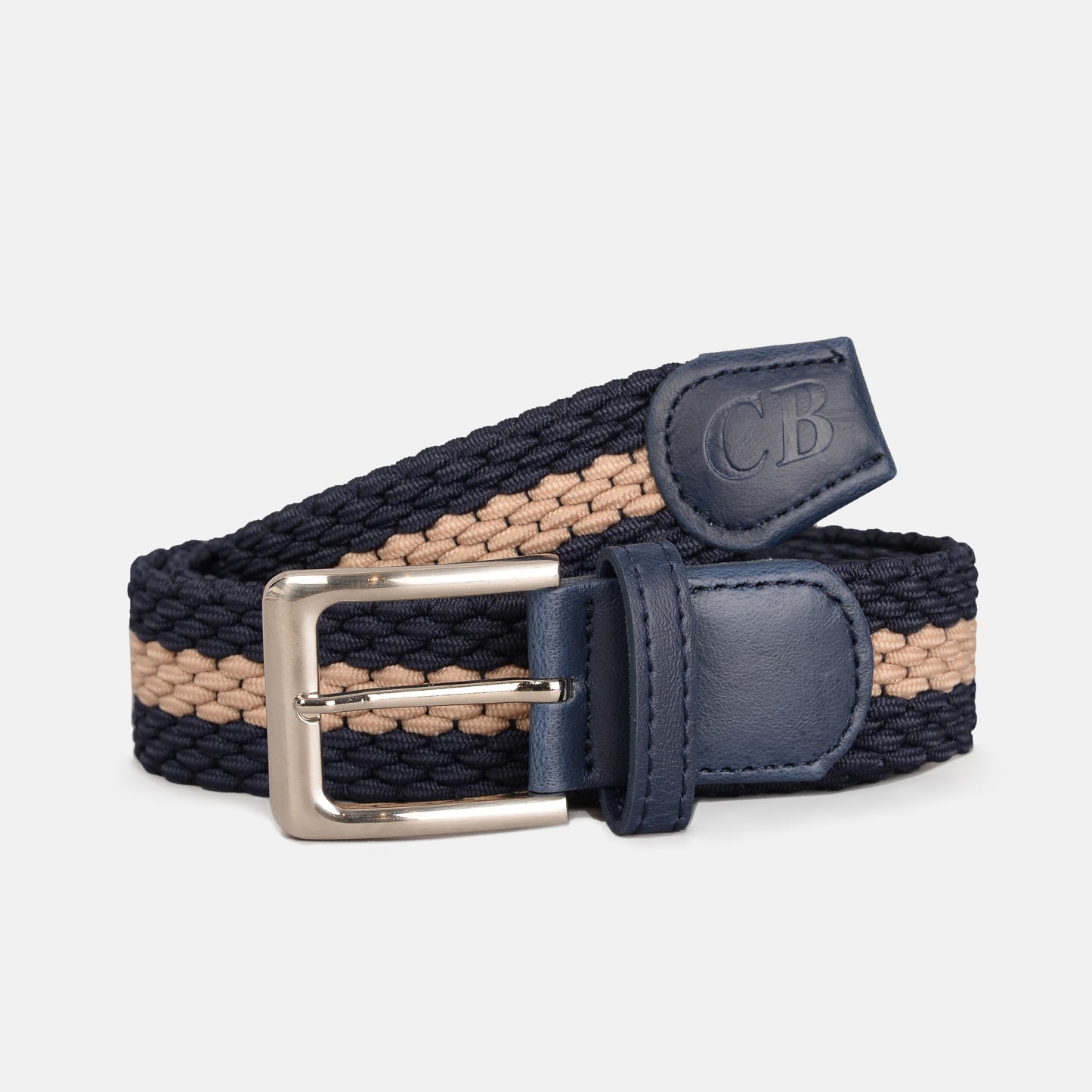 Men's Woven Stretch Belt in Navy and Beige Stripe