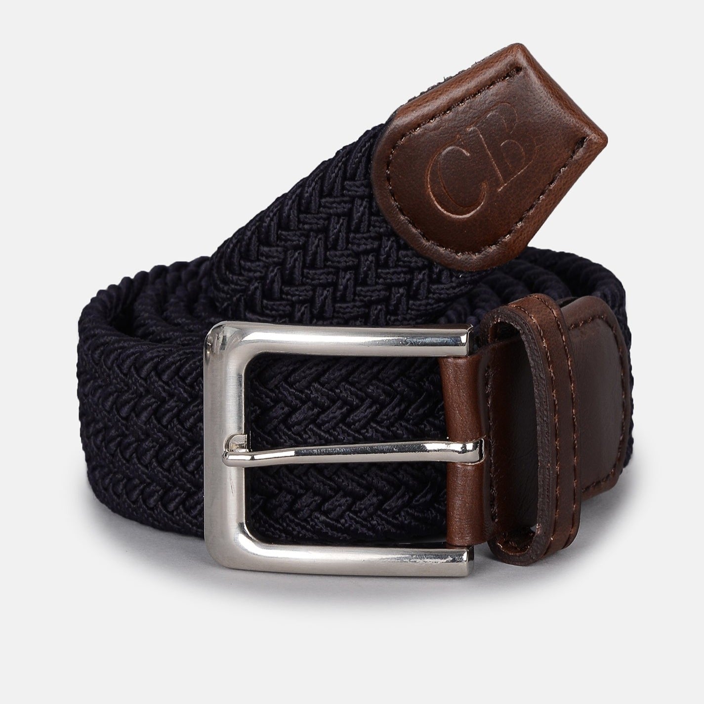 Adult Woven Stretch Belt in Navy with Brown Tab