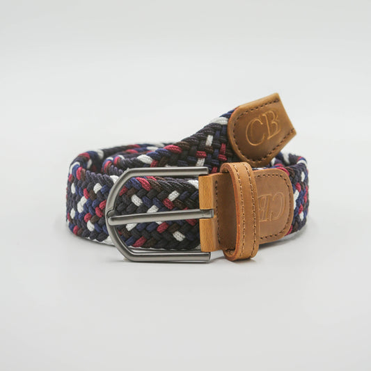 Men's Woven Stretch Belt in Navy Black Mulberry and White Zigzag