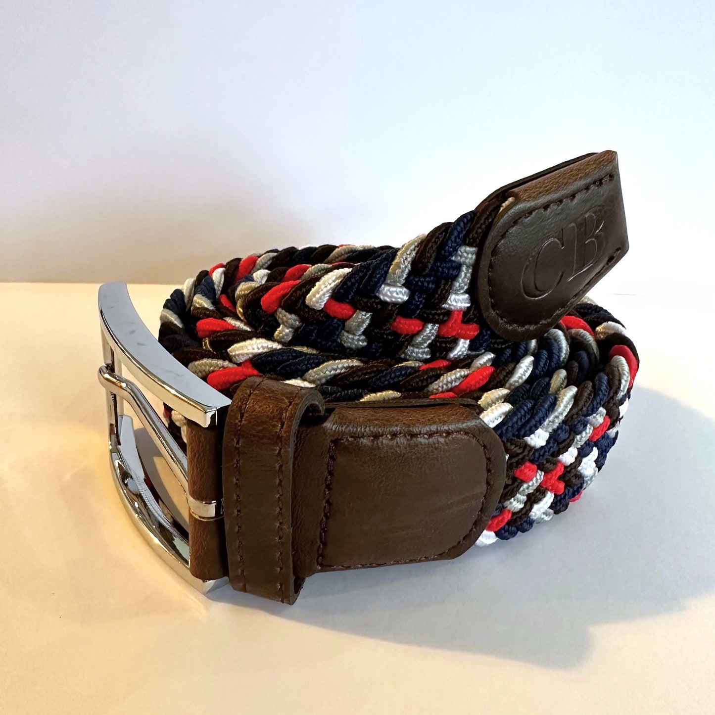 Men's Woven Stretch Belt in Red and Navy Multi Zigzag
