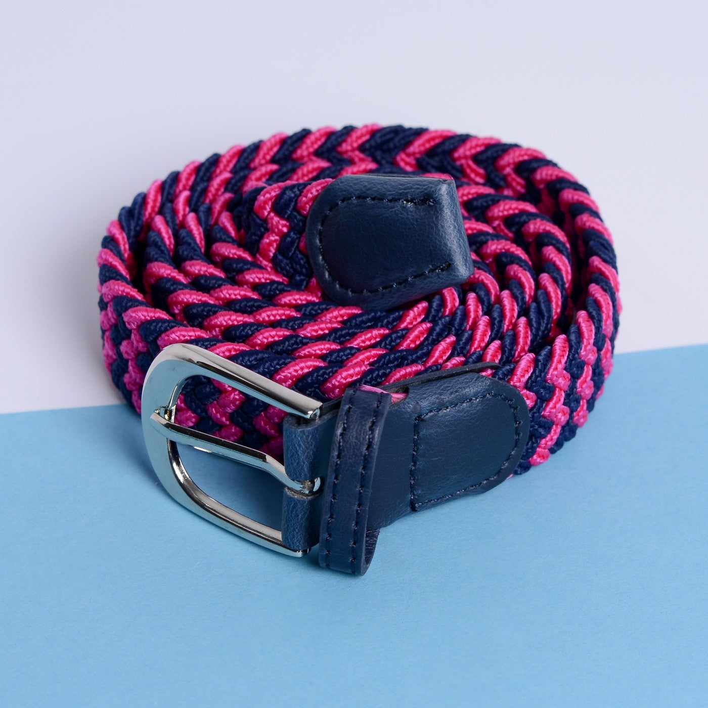 Children's Woven Stretch Belt in Navy and Cerise Zigzag