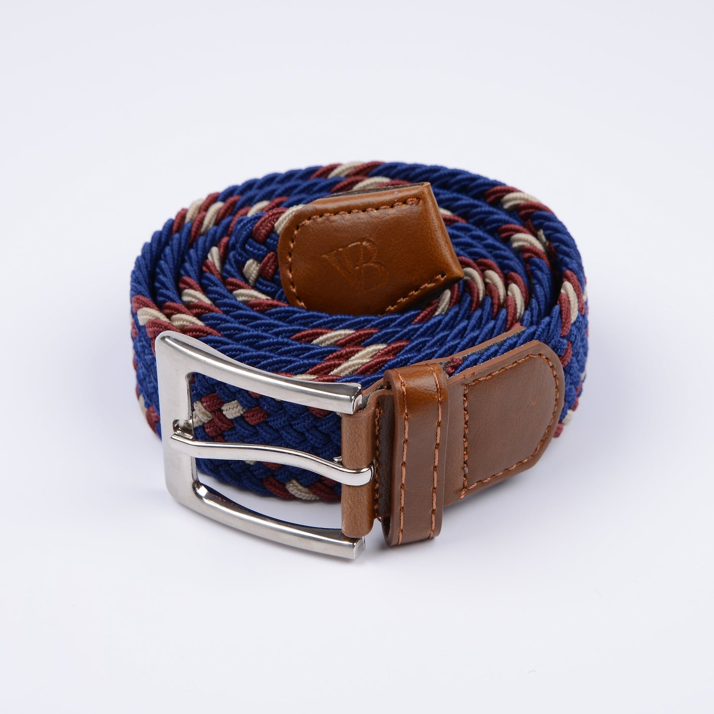 Men's Woven Stretch Belt in Blue, Rust and Beige Zigzag