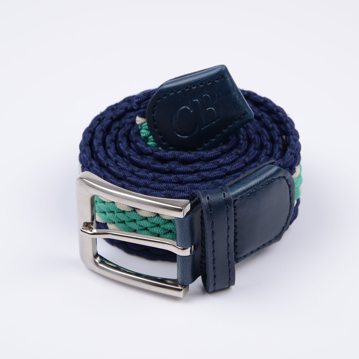 Men's Woven Stretch Belt in Navy, Green and Thin White Stripe
