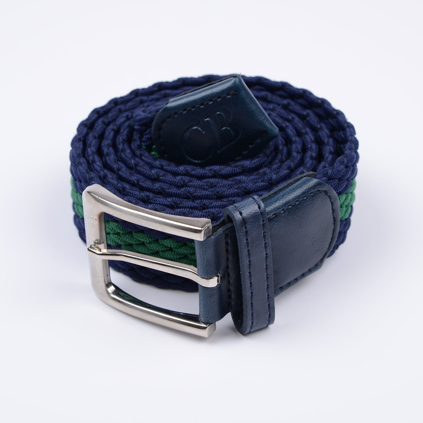 Men's Woven Stretch Belt in Navy and Green Stripe