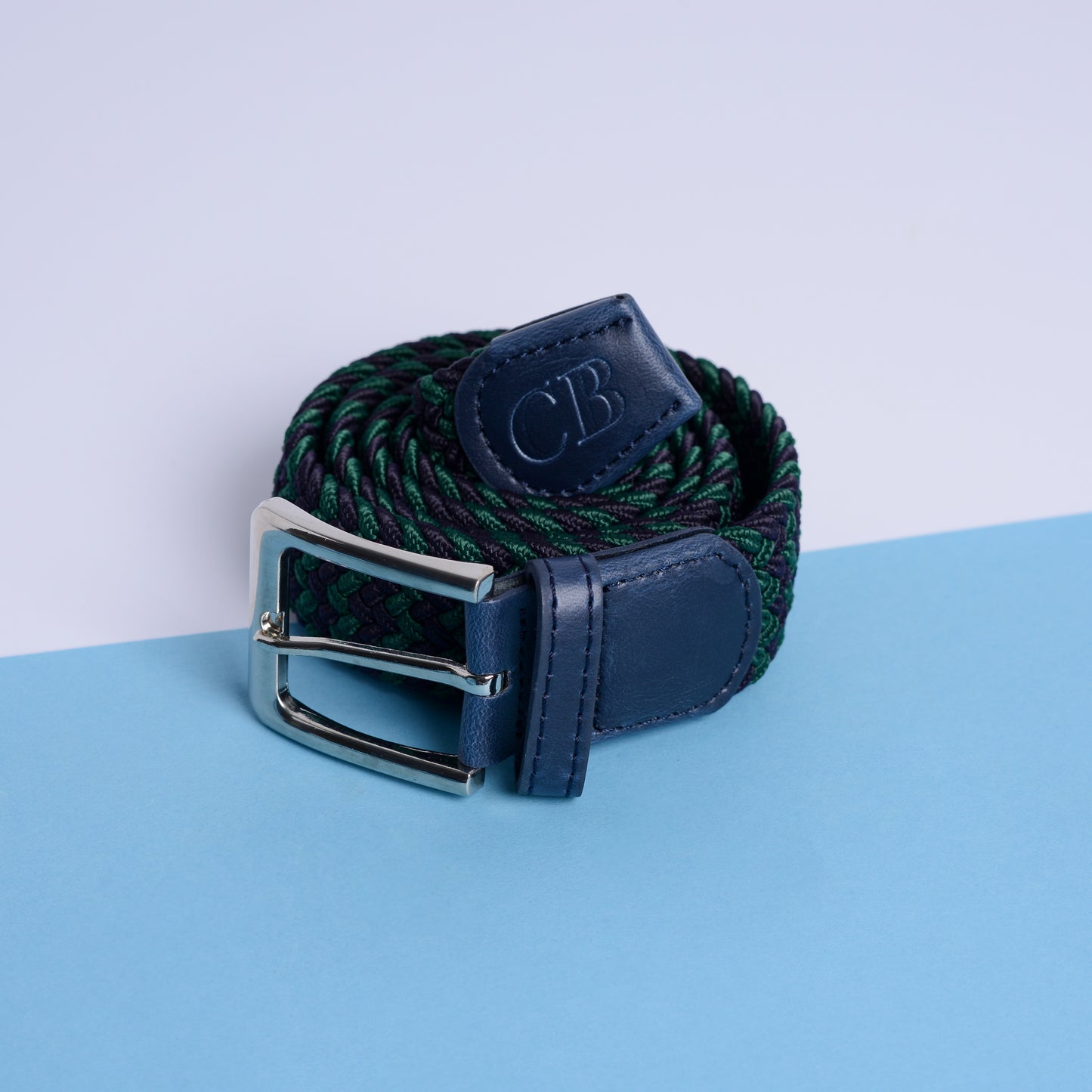 Men's Stretch Woven Belt in Navy and Green Zigzag
