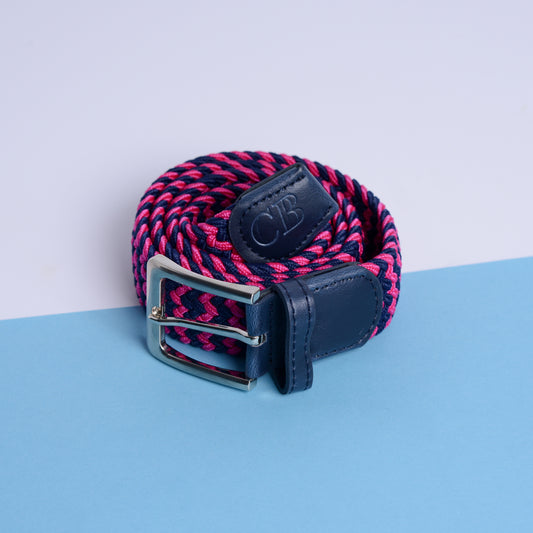 Men's Woven, Stretch Belt in Navy and Cerise Zigzag