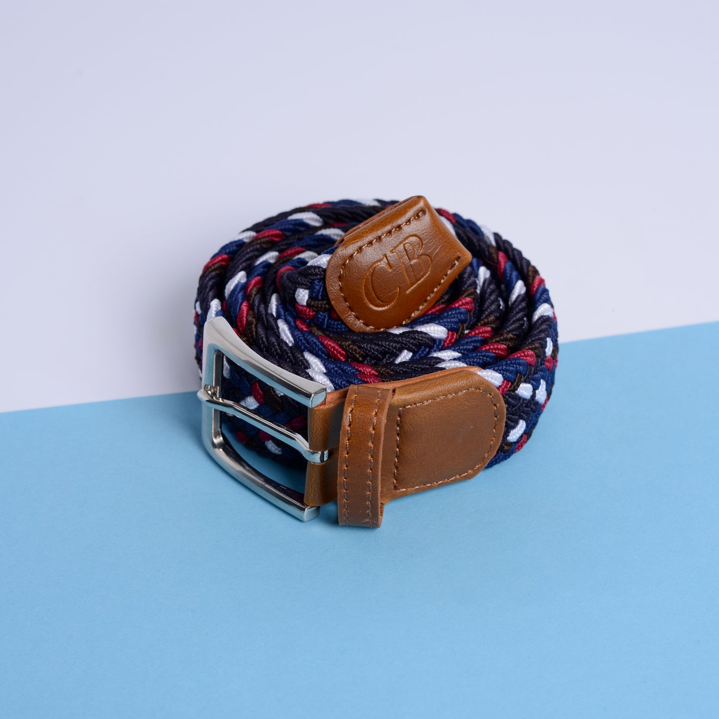 Men's Woven Stretch Belt in Navy Black Mulberry and White Zigzag