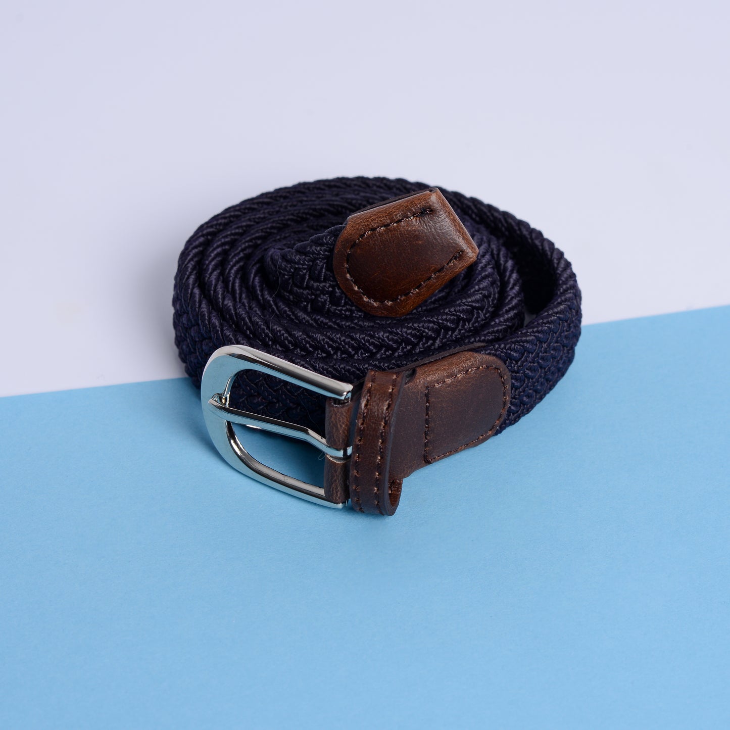 Ladies' Woven Stretch Belt in Navy with Brown Tab