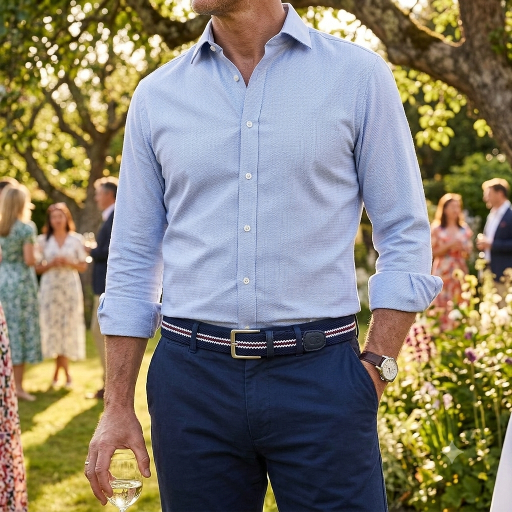 Men's Woven Stretch Belt in Navy Blue, White and Maroon Stripe