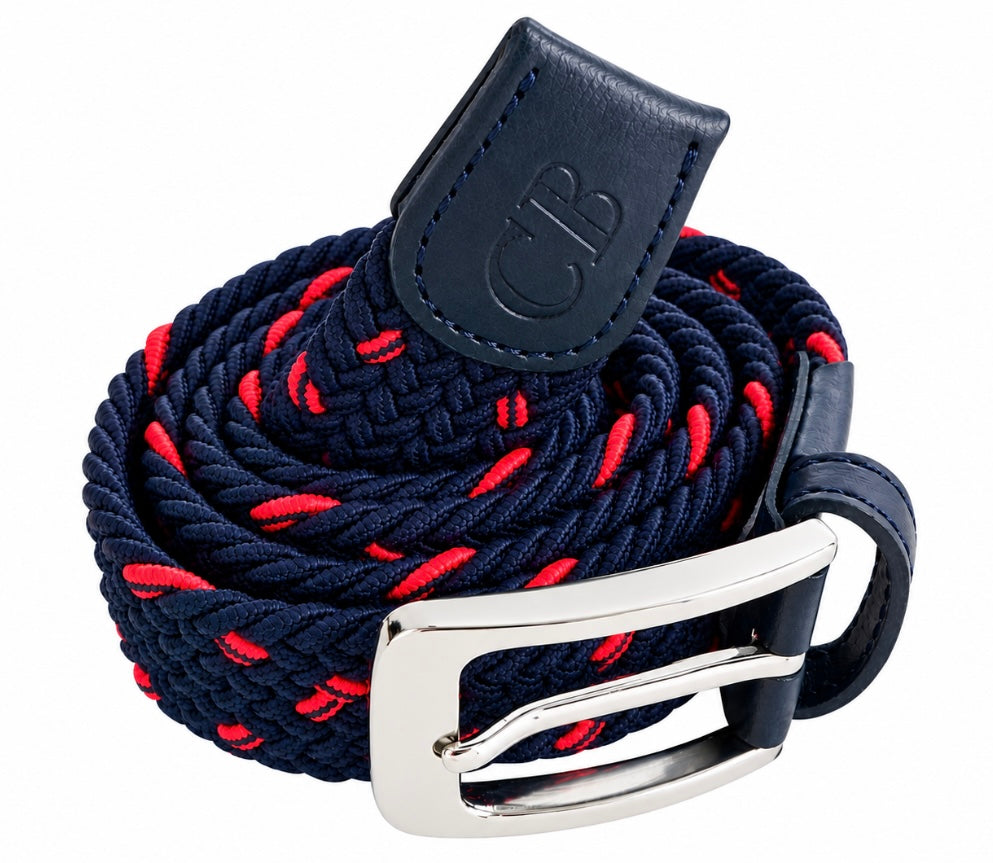 Men's Woven Stretch Belt in Navy and Red Zigzag