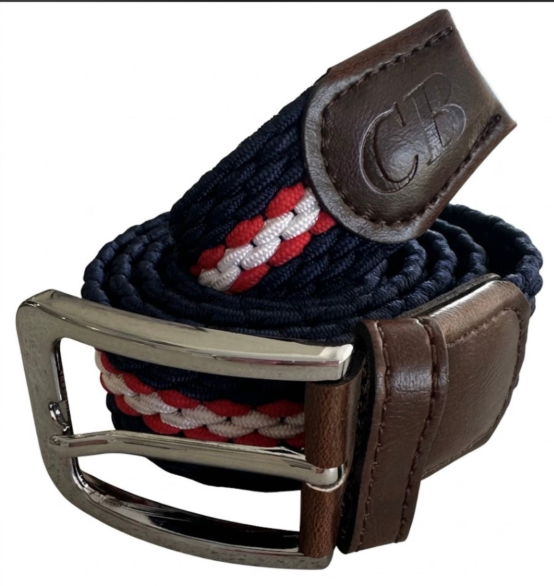 Men's Stretch, Woven Striped Belt in Navy, Red and White Stripe