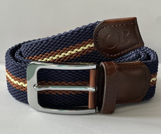Men's Woven Stretch Belt in Navy, Brown and Cream Stripe