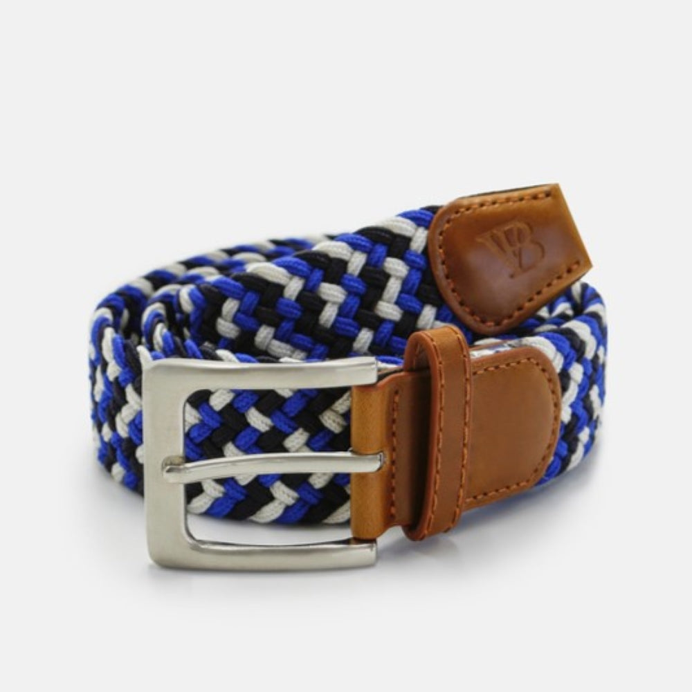 Men's Woven Stretch Belt in Light Blue, Navy and Cream Zigzag