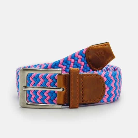 Men's Woven Stretch Belt in Blue and Pink Zigzag