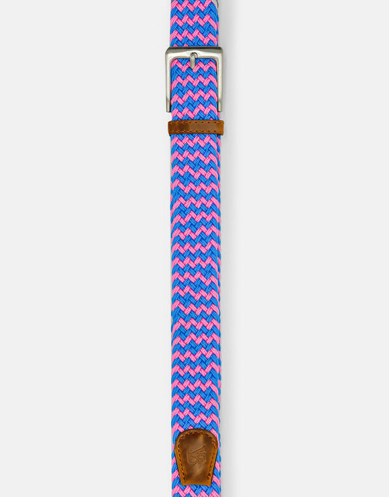 Men's Woven Stretch Belt in Blue and Pink Zigzag