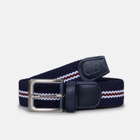 Men's Woven Stretch Belt in Navy Blue, White and Maroon Stripe