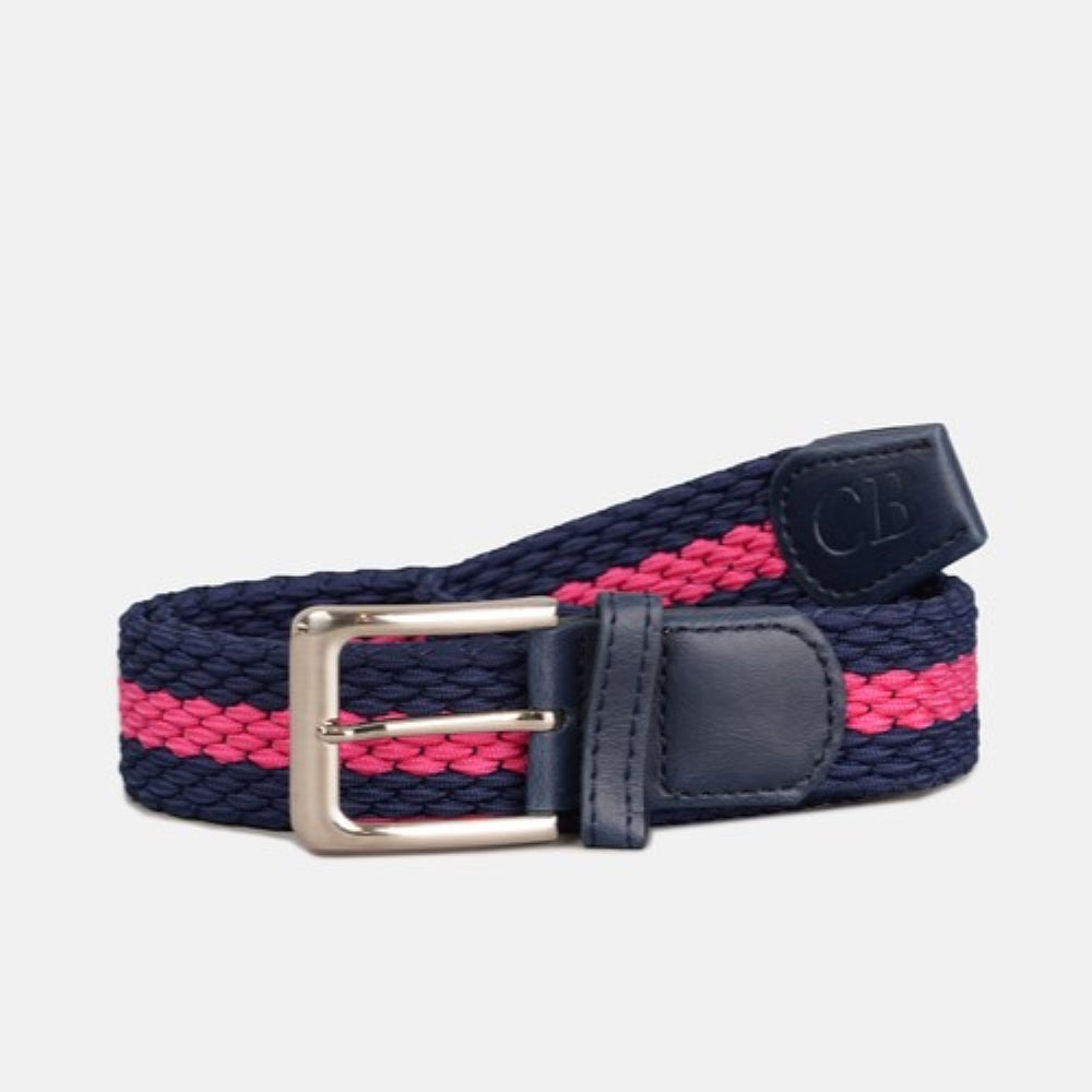 Men's Woven Stretch Belt in Navy and Cerise Stripe