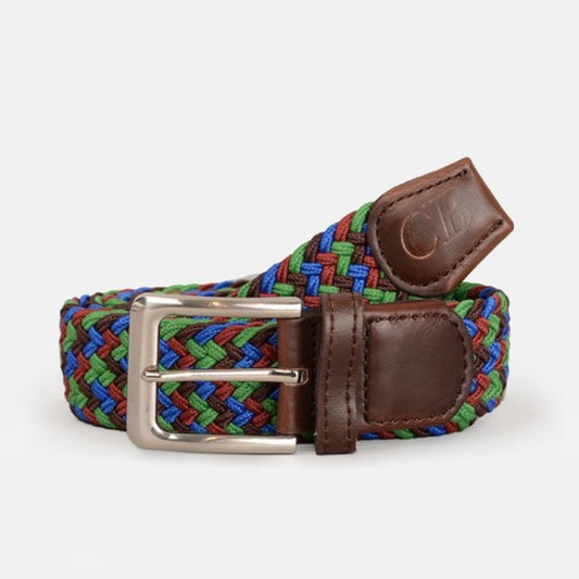 Men's Woven Stretch Belt in Green, Blue, Mulberry and Brown Zigzag