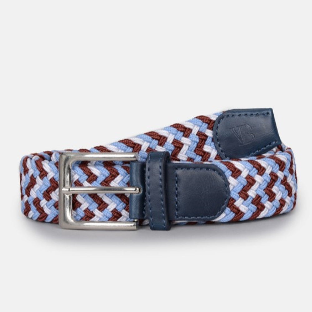Men's Woven Stretch Belt in Pale Blue, White, and Mulberry Zigzag