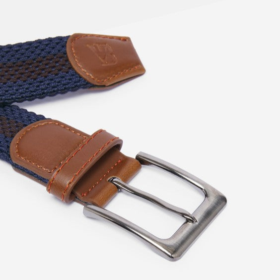 Men's Woven Stretch Belt in Navy and Brown Stripe